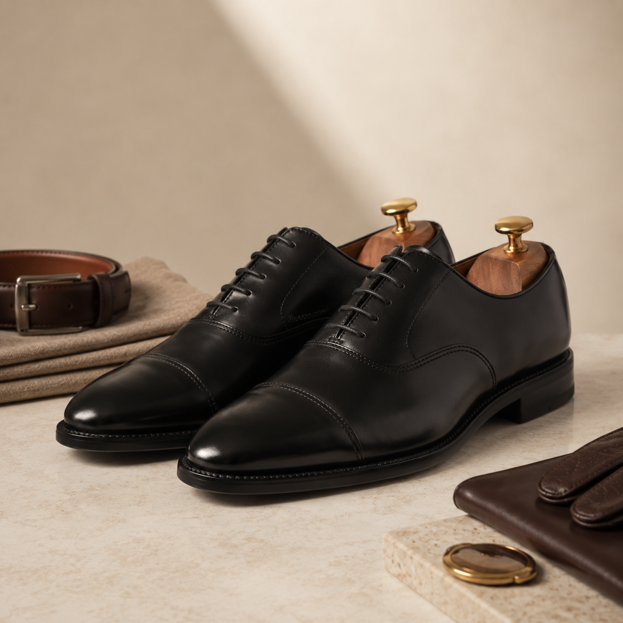 Polished black leather dress shoes with luxury accessories