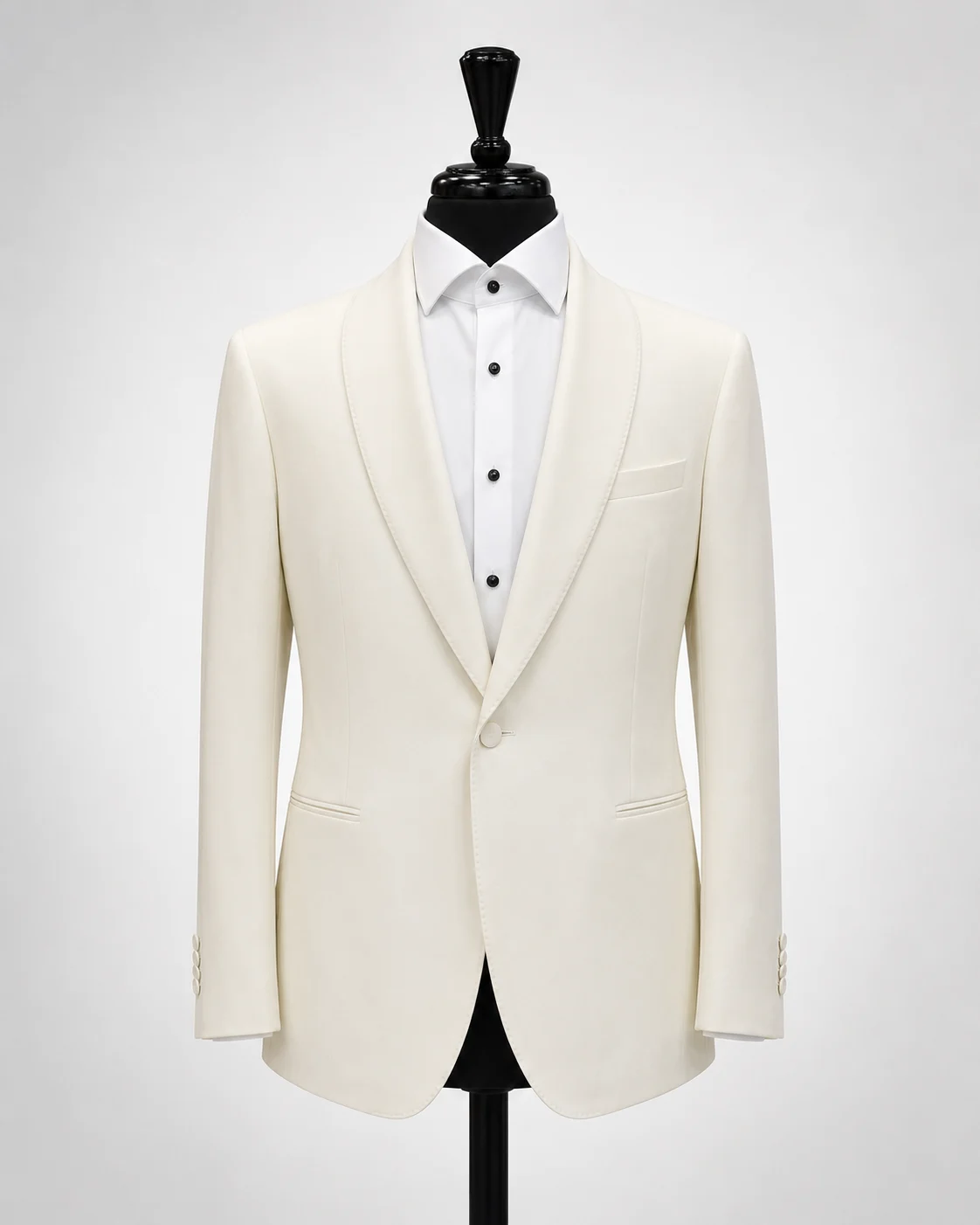 Ivory dinner jacket displayed on black mannequin with white dress shirt