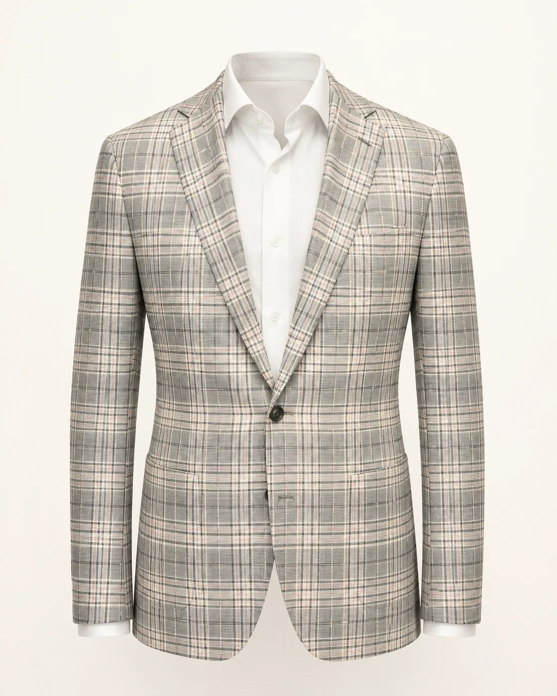Neutral gray plaid sport coat displayed with a white dress shirt in a clean product presentation.
