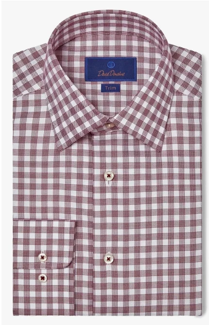 Merlot/White Trim Fit Check Cotton Dress Shirt