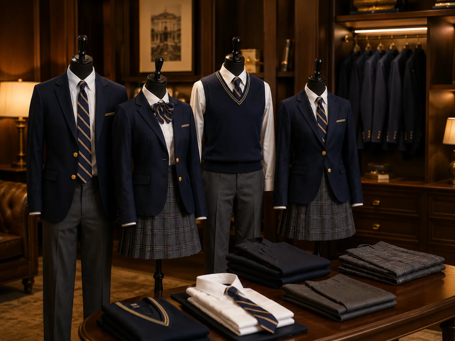 Custom school uniform display with blazers, ties, sweaters, shirts, and plaid skirts in a refined showroom