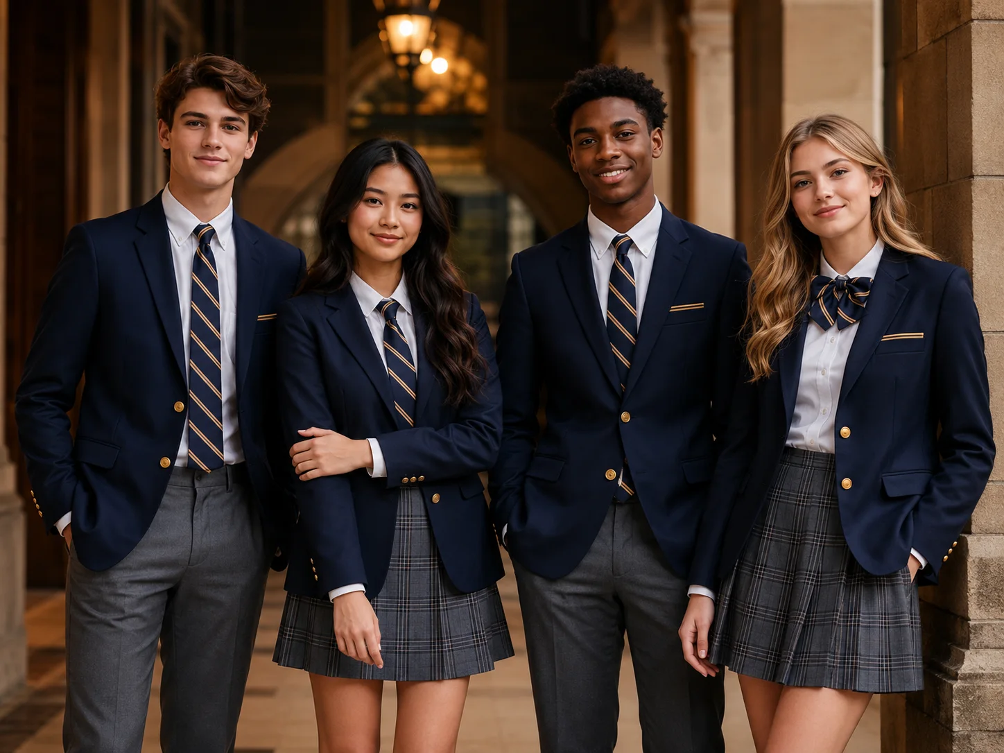 Students wearing polished navy school uniforms in a collegiate hallway